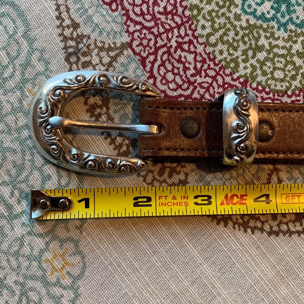 Brown Leather Western-Style Belt with Decorative Silver Hardware - Picture 14 of 15